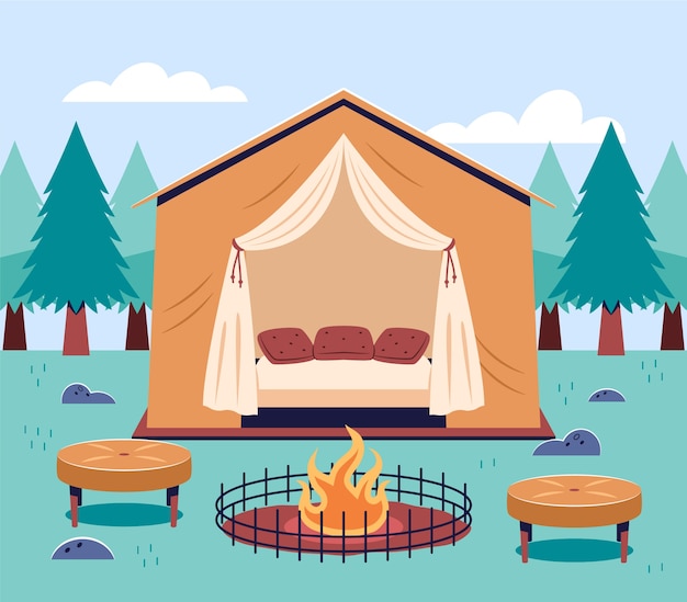 Vector hand drawn flat design glamping illustration