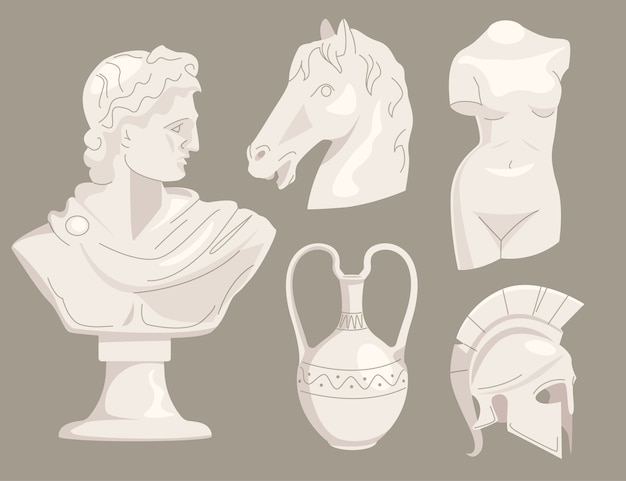Vettore collezione di statue greche dal design piatto disegnato a mano