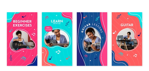 Vector hand drawn flat design guitar lessons instagram stories