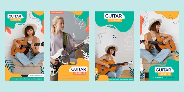 Vector hand drawn flat design guitar lessons template