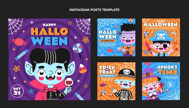 Vettore disegnato a mano design piatto halloween ig post