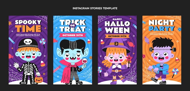 Storie di halloween ig design piatto disegnato a mano