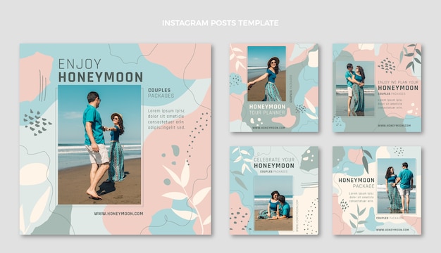 Vector hand drawn flat design honeymoon instagram post