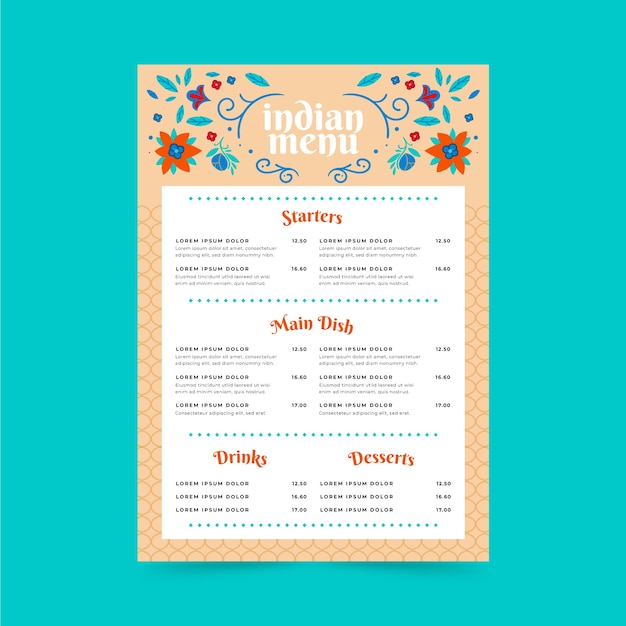 Hand drawn flat design indian menu template