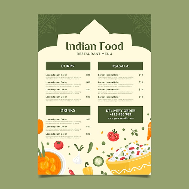 Menu indiano dal design piatto disegnato a mano