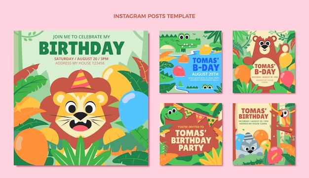 Vector hand drawn flat design jungle birthday party instagram post