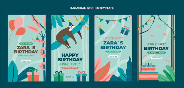 Vector hand drawn flat design jungle birthday party