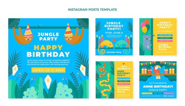 Vector hand drawn flat design jungle birthday party