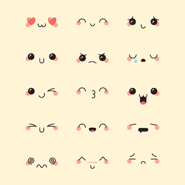 Vector hand drawn flat design kawaii face collection