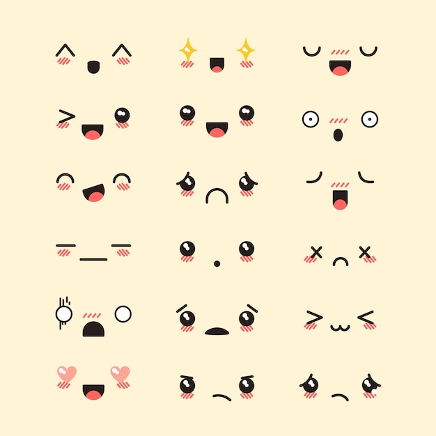 Vector hand drawn flat design kawaii face collection