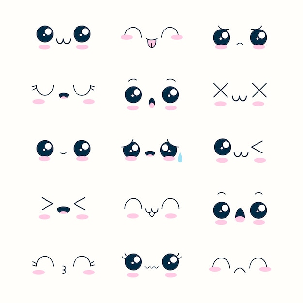 Hand drawn flat design kawaii face collection