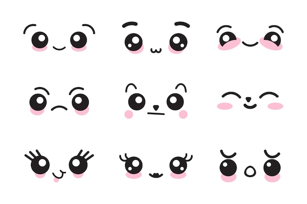 Collezione di facce kawaii dal design piatto disegnato a mano