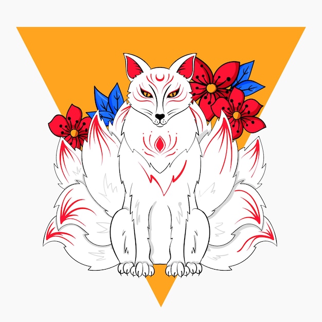 Vettore illustrazione di kitsune design piatto disegnato a mano