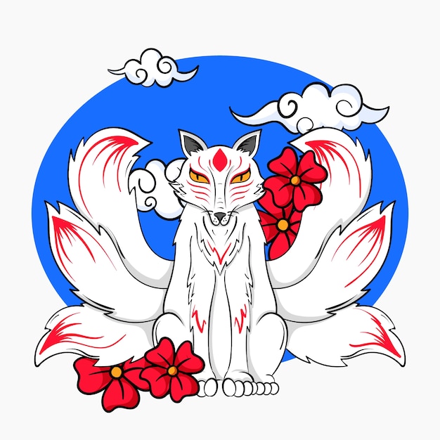 Vector hand drawn flat design kitsune illustration