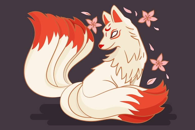 Hand drawn flat design kitsune illustration