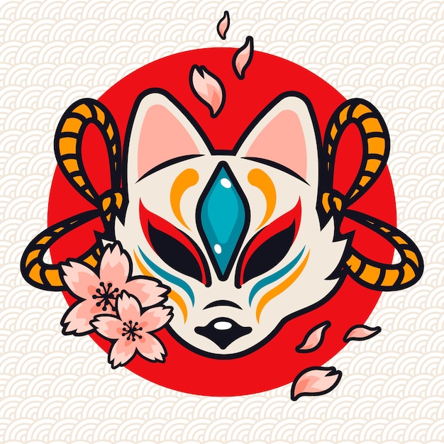 Vettore illustrazione della maschera kitsune dal design piatto disegnato a mano