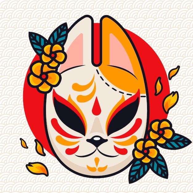 Vettore illustrazione della maschera kitsune dal design piatto disegnato a mano