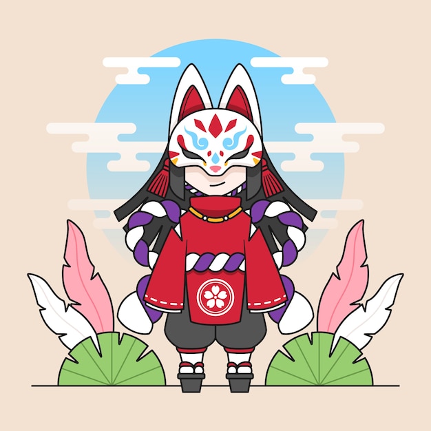 hand drawn flat design kitsune mask illustration