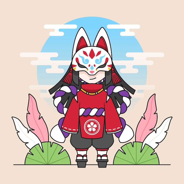 Vector hand drawn flat design kitsune mask illustration