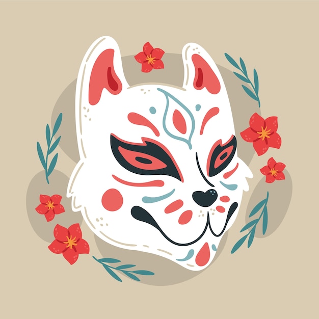 Vettore illustrazione della maschera kitsune dal design piatto disegnato a mano