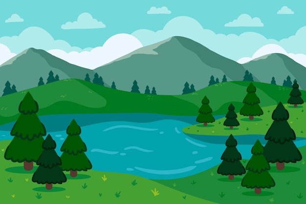 Paesaggio del lago di design piatto disegnato a mano