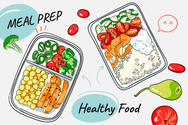 Hand drawn flat design meal prep illustration