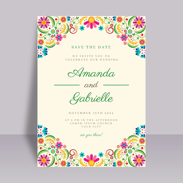 Vector hand drawn flat design mexican wedding invitations