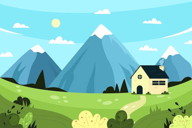 Vector hand drawn flat design mountain landscape