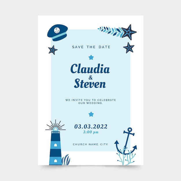 Vector hand drawn flat design nautical wedding invitations