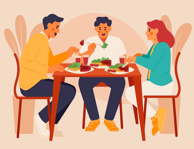 Vector hand drawn flat design people eating illustration