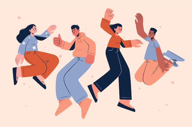 Vector hand drawn flat design people jumping