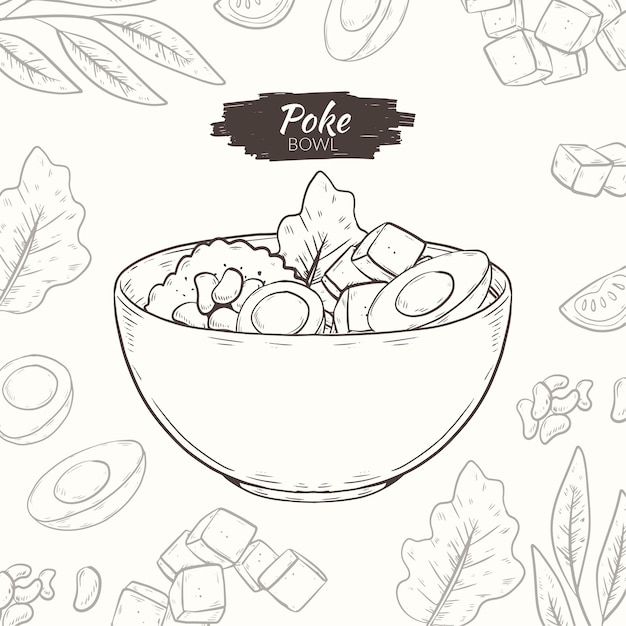 Hand drawn flat design poke bowl food illustration