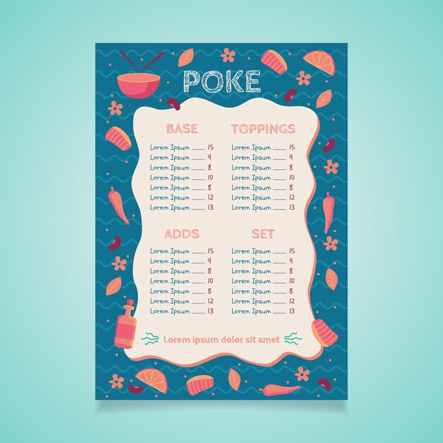 Vettore modello di menu poke design piatto disegnato a mano