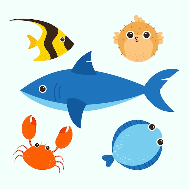 Hand drawn flat design sea animals collection