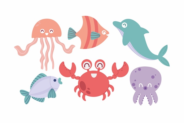 Vector hand drawn flat design sea animals collection