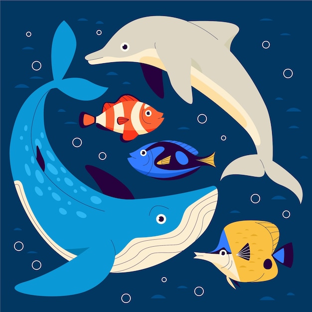 Hand drawn flat design sea animals collection