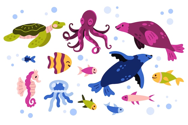 Vector hand drawn flat design sea animals collection