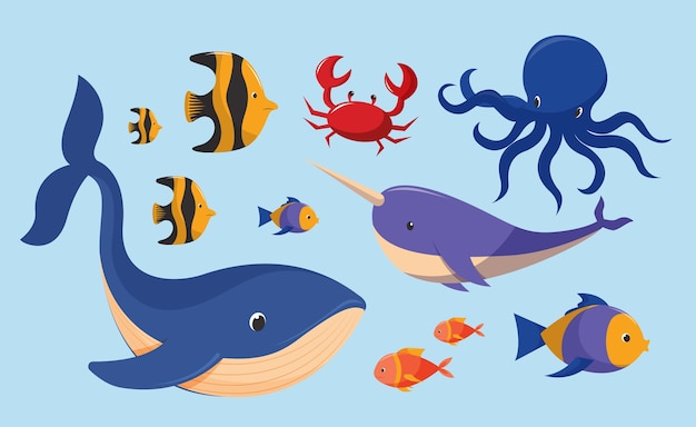 Collezione di animali marini dal design piatto disegnato a mano