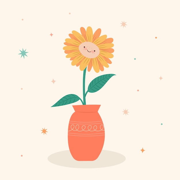 Illustrazione del fiore della faccina sorridente di design piatto disegnato a mano