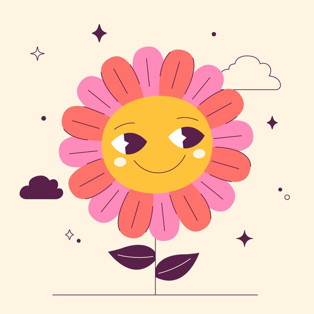 Illustrazione del fiore della faccina sorridente di design piatto disegnato a mano