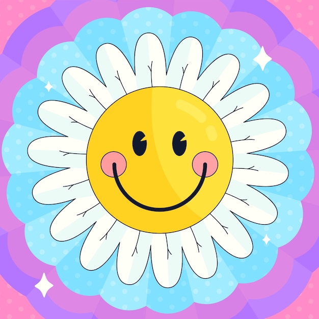 Vettore illustrazione del fiore della faccina sorridente di design piatto disegnato a mano
