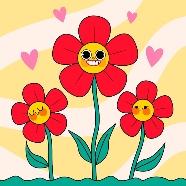 Vector hand drawn flat design smiley face flower illustration