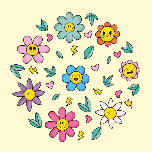 Vector hand drawn flat design smiley face flower