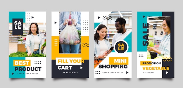 Vector hand drawn flat design supermarket instagram stories