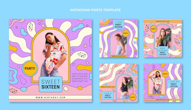 Hand drawn flat design sweet 16 instagram posts