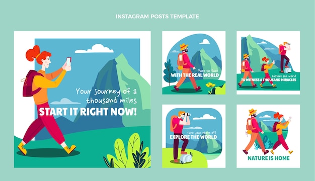 Vettore post instagram trekking design piatto disegnato a mano