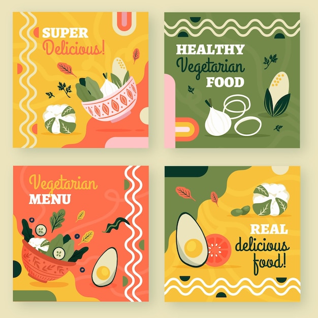 Vector hand drawn flat design vegetarian food instagram posts