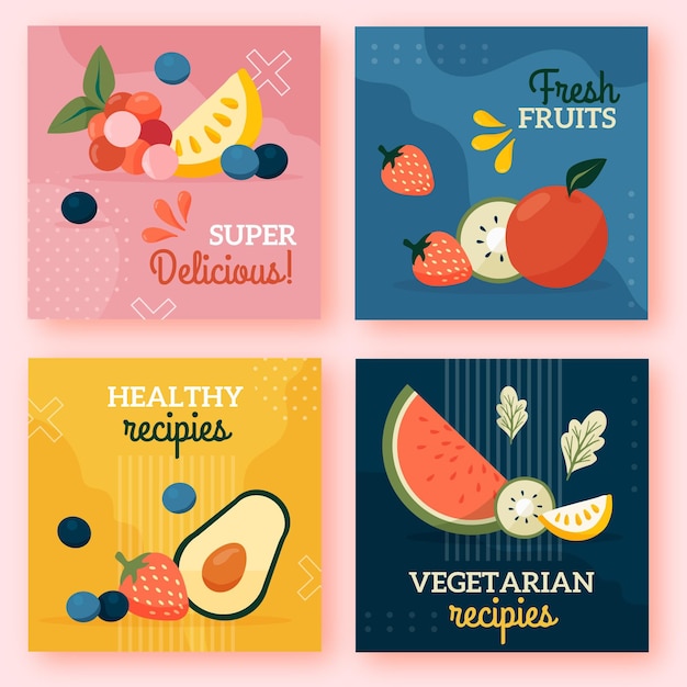 Vector hand drawn flat design vegetarian food instagram posts