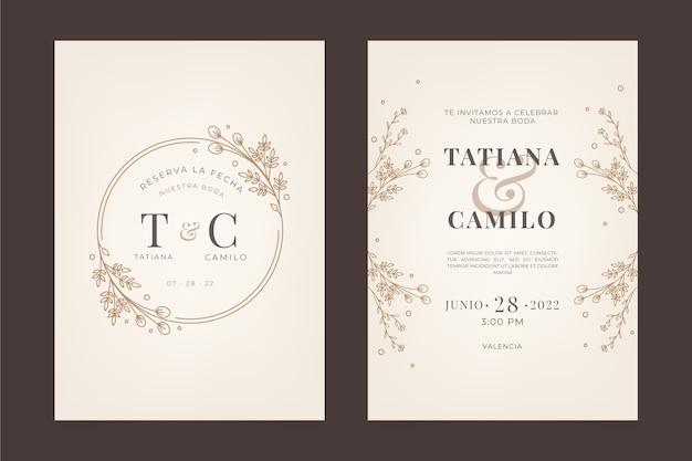 Vector hand drawn flat design wedding invitations in spanish