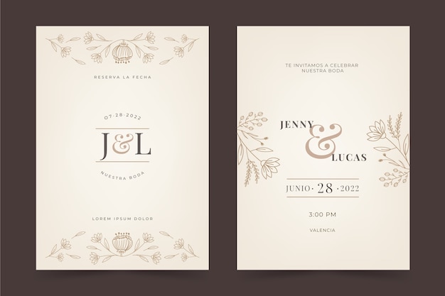 Hand drawn flat design wedding invitations in spanish